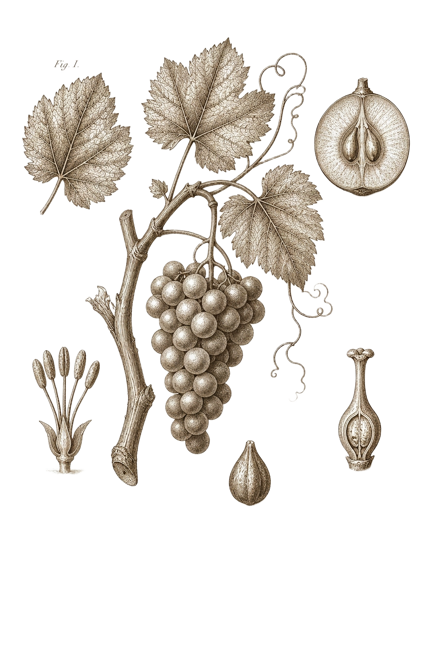 Vitis vinifera L. — etched botanical study of the grapevine with anatomical figures